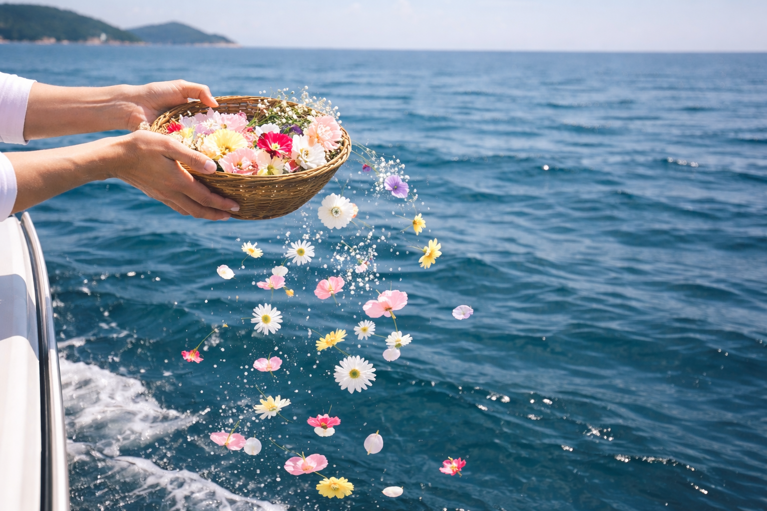 海上で花をまく散骨セレモニーの様子